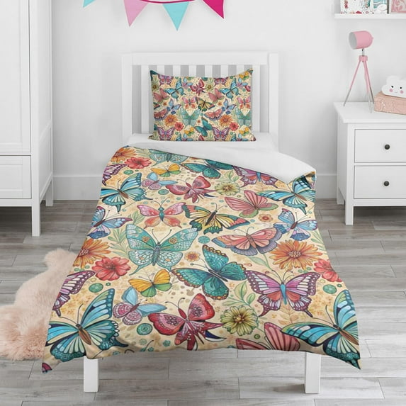 Flower and Butterfly Duvet Cover and Pillowcase Set for Single Bedding, Bedroom Accessories for Kids Teens