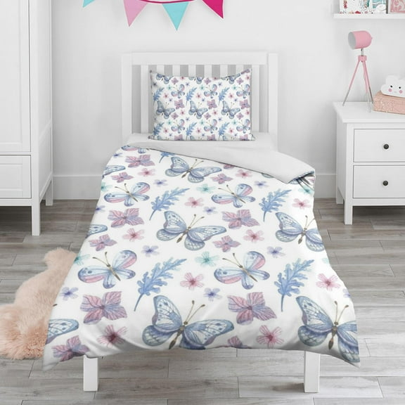 Flower and Butterfly Duvet Cover and Pillowcase Set for Single Bedding, Bedroom Accessories for Kids Teens