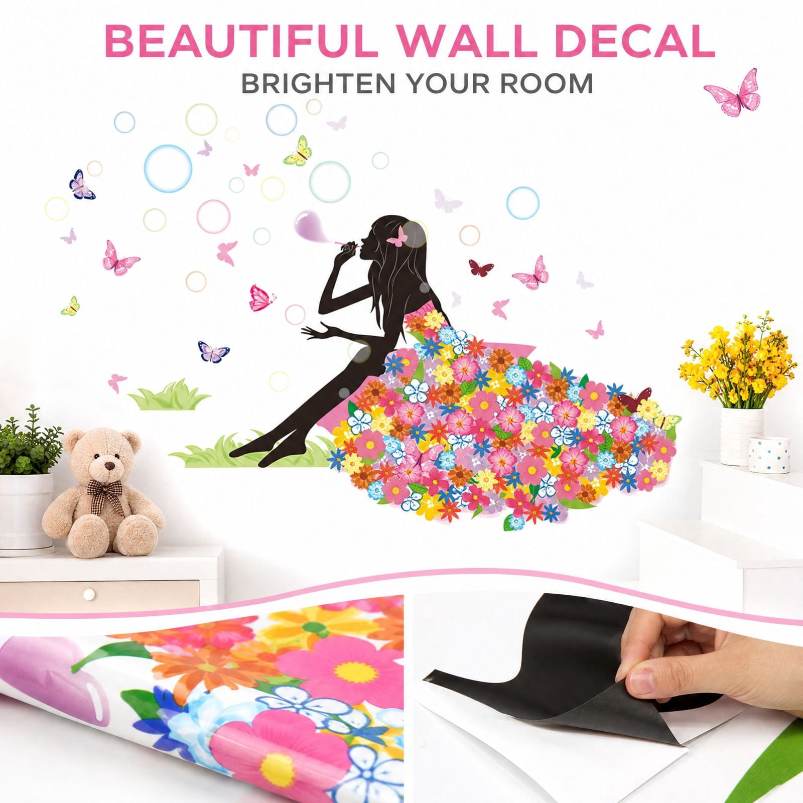 Flower and Butterfly Girl Wall with Fairy Silhouette Design for Girls ...
