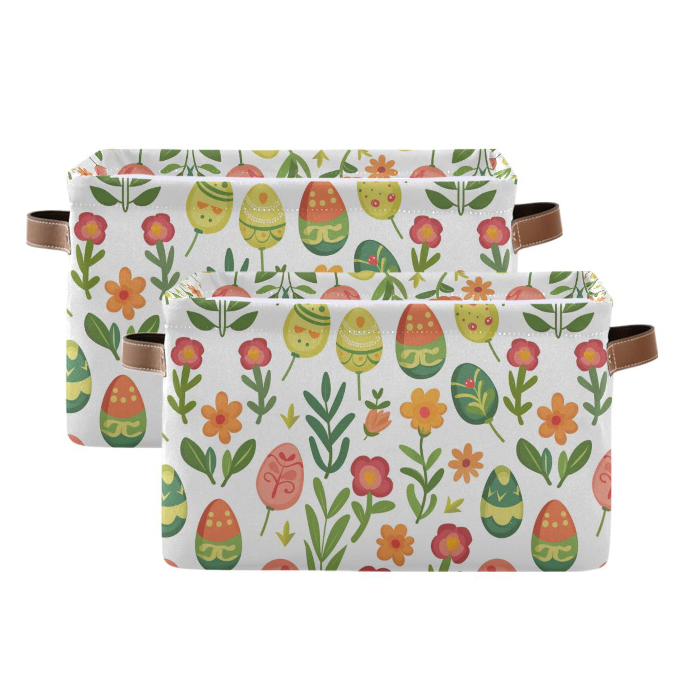 Flower and Easter Eggs Storage Bins with Handle Fabric Organizer Basket Foldable Box 2 Pack 14.2x10.2x8.3