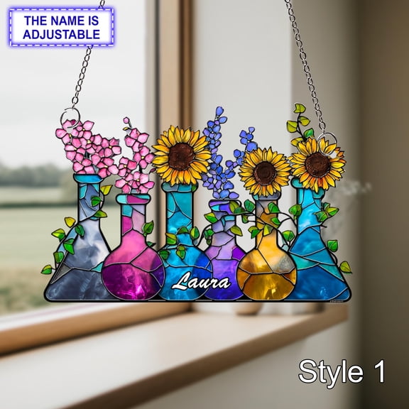 Flower and Erlenmeyer Flask Acrylic Suncatcher, Science Gift For Chemist Teacher Student, Graduation Lab Decor