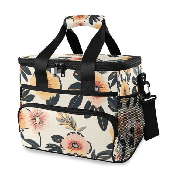 Flower and Leaf Cream Color Background Insulated Lunch Bag 15L Cooler Box for Women Men Work Camping Beach Travel