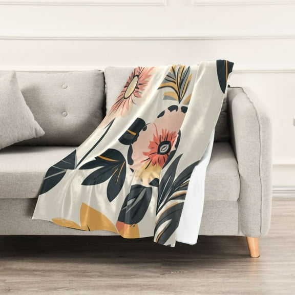Flower and Leaf Cream Color Background Throw Blanket 60" x 90" Soft and Warm Blankets for Couch Sofa and Bed