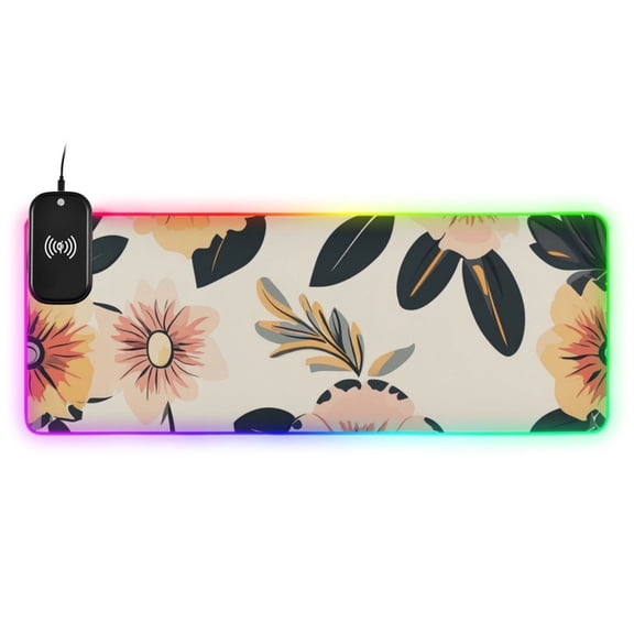 Flower and Leaf Cream Color Background Wireless Charging RGB Gaming Mouse Pad Large Keyboard Mat Rubber Base 13 Light Modes