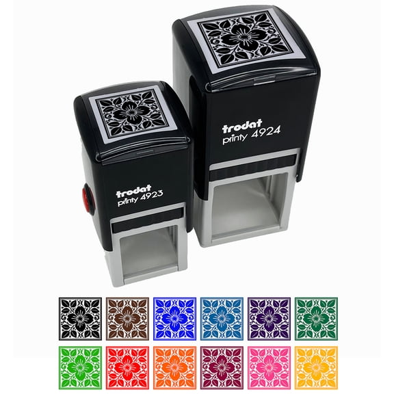 Flower and Leaves Floral Pattern Tile Self-Inking Rubber Stamp Ink Stamper - Sky Blue Ink - Small 1 Inch