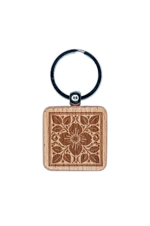 Flower and Leaves Floral Pattern Tile Square Keychain Charm Tag - Engraved Wood