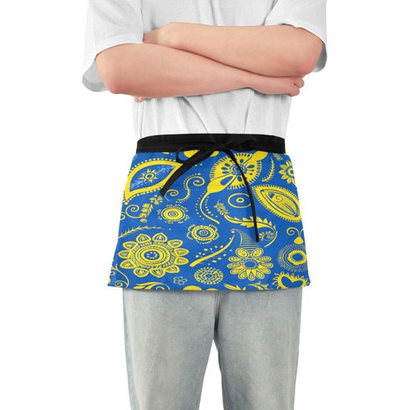 Flower and Leaves Server Apron with 3 Pockets Waterproof Waitress Waist Short Apron for Man Woman 12 Inches