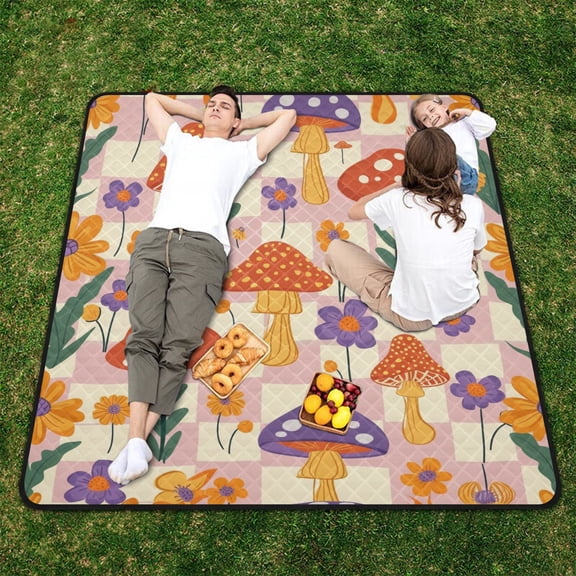 Flower and Mushroom Grids Beach Blanket Outdoor Picnic Blanket 78"x 78" Waterproof Foldable for Beach Camping Travel Hiking Grass Lawn Park
