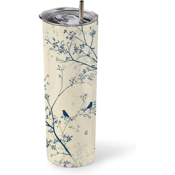 Flower and bird tumbler with lid and straw 20 oz insulated tumbler cups Minimally printed flower and bird insulated travel coffee mugs for women cute sippy cups stainless insulated travel cups