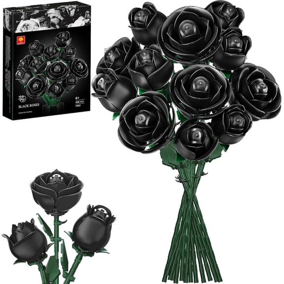 EP EXERCISE N PLAY Rose Flower Bouquet Building Set,Artificial Flowers Block Set Gift for Adult Home Decor (Black)