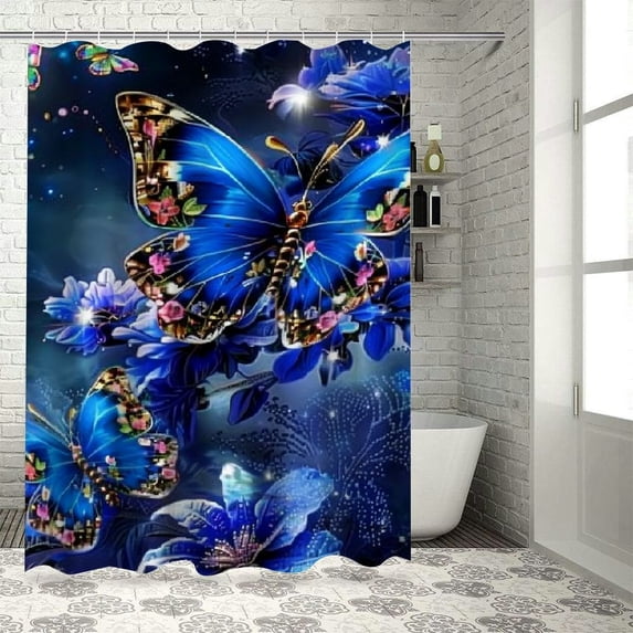Flower butterfly shower curtain, anti slip and durable blue flower shower curtain, romantic butterfly bathtub decoration, with hooks , various specifications
