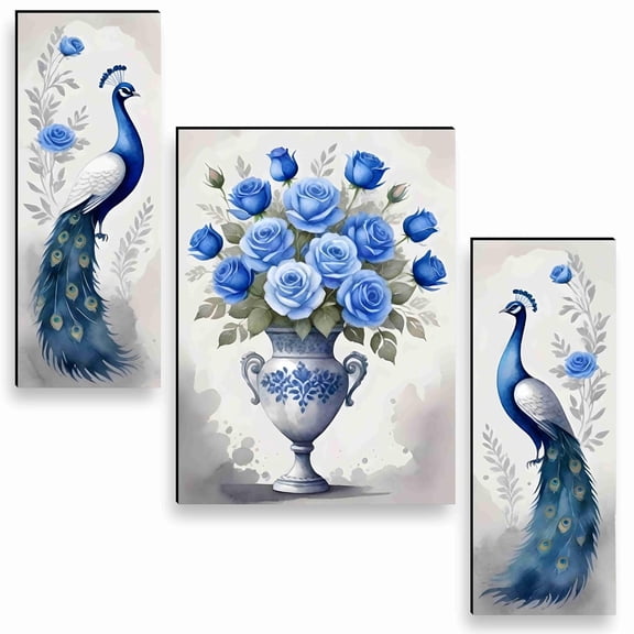 Flower with couple peacock Paintings for Wall Decoration - Set Of 3, 3d Painting for Living Room Large Size with Frames for Home Decoration, Hotel, Office painting