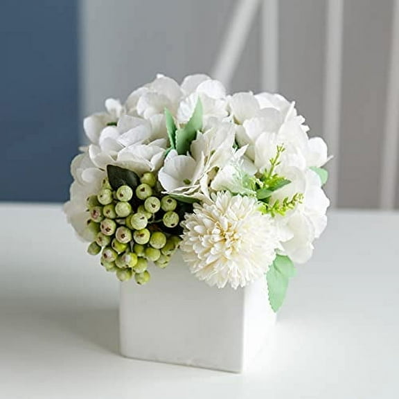 Flower in Ceramic vase, Artificial Hydrangea Flower Arrangement and vase Home Decoration Artificial Flower (White)