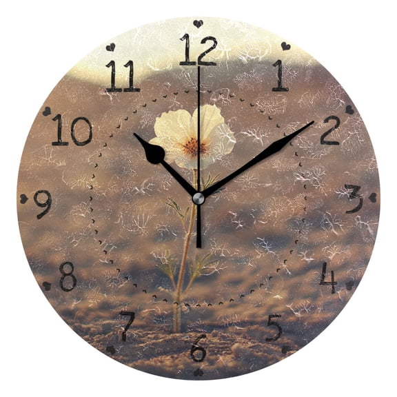 Flower in Desert Round Wall Clock Silent Analog Battery Operated Black Pointer Home Decor 9.84" Diameter