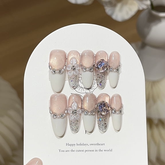 [Flower marriage] Spring atmosphere Sakura pink cat's eye milky white French broken diamond engraved K9 diamond wearing armor