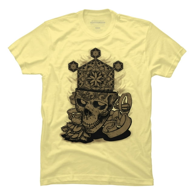 Flower of Life Skull Golden Mens Banana Cream Yellow Graphic Tee - Design By Humans L