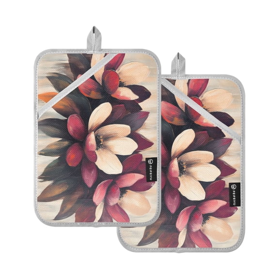 Flower on Beige Background Oven Mitts Pot Holders 2 pcs Heat Resistant for Kitchen Baking Grilling