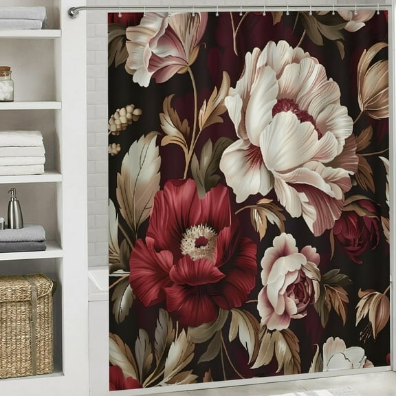 Flower pattern, Maroon background, White flowers printed waterproof shower curtain waterproof shower curtain  Home Sweet Home Fabric Shower Curtain Bathtub Decor with Hooks