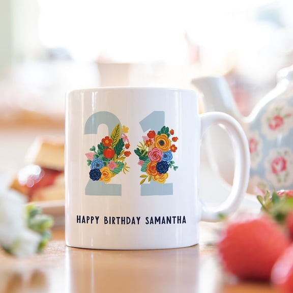 Flower themed 21st birthday mug for her | 21st birthday gift for her | 21st anniversary gift | Floral design | personalised gift, Ceramic Mug 15Oz