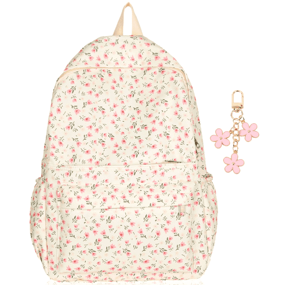 Flower-themed patterned backpack with detachable flower keychain - cute casual everyday small backpack ...