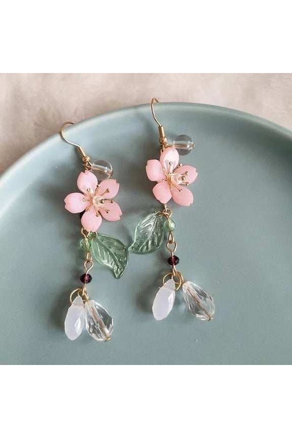 Flower with Teardrop Alloy Resin Dangle Earrings Golden 80mm Resin