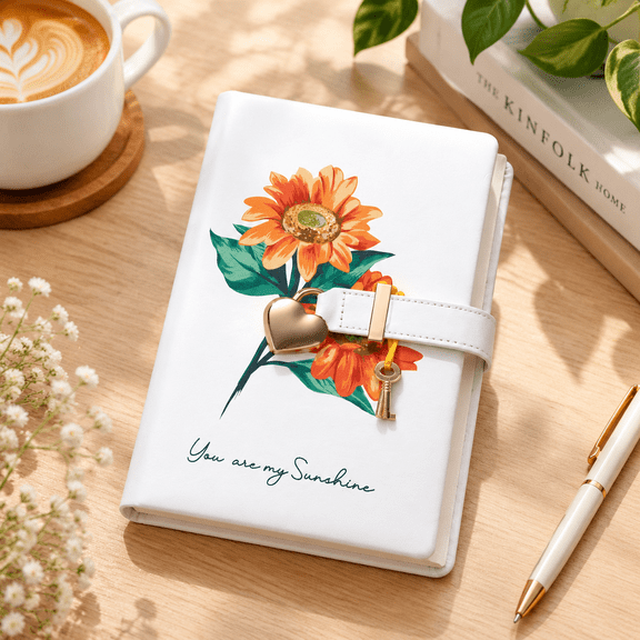 FlowerWhite Sunflower Locking Diary Journal with Key, 5.7x8.4 In Lined 100gsm Paper
