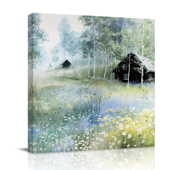 Flowerbed Cabin Canvas Wall Art for Living Room, Watercolor Spring Field Colored Floral Wall Decor Framed Artwork Pictures Ready to Hang for Bedroom Office Home Decor