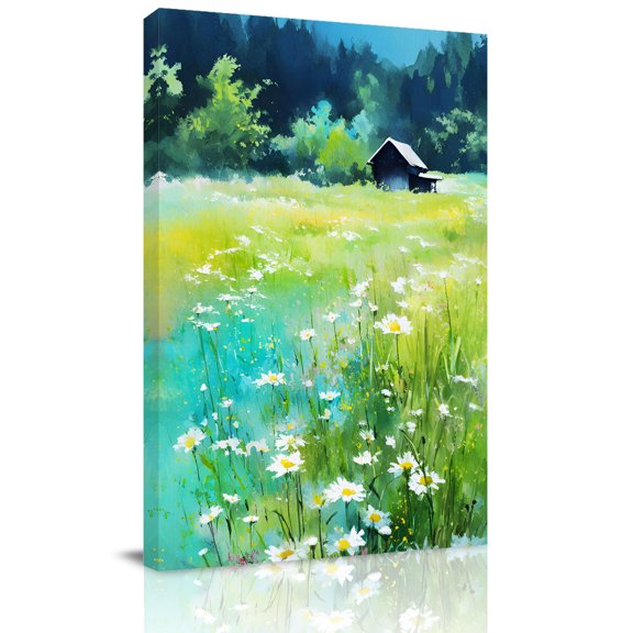 Flowerbed Cabin Canvas Wall Art for Living Room, Watercolor Spring Field Green Blue Floral Wall Decor Framed Artwork Pictures Ready to Hang for Bedroom Office Home Decor