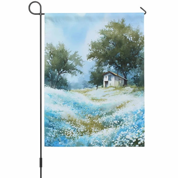 Flowerbed Cabin Garden Flags For Outdoor, Watercolor Spring Field Blue Floral Tree Small Double Side Yard Flags Weather Proof Garden Decor for Lawn Outside Holiday 12 x 18 Inches