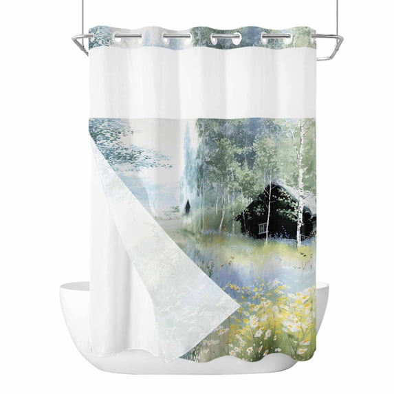 Flowerbed Cabin No Hooks Shower Curtain with Snap-in Liner Watercolor Spring Field Colored Floral Shower Curtains for Bathroom, Waterproof, Easy Install, Washable 60"x72"
