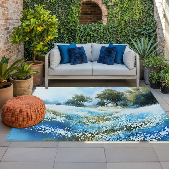 Flowerbed Cabin Indoor Outdoor Rugs 3x5 Ft, Watercolor Spring Field Blue Floral Tree Outdoor Patio Rugs Mat Washable Outside Area Rugs Carpet for Porch Deck RV Camping Pool Balcony Backyard