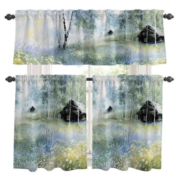 Flowerbed Cabin Kitchen Curtains Set for Windows, Watercolor Spring Field Colored Floral Curtains Valance and Tier 3 Piece Set Small Drapes 36 Inch Length for Kitchen Bedroom Decor
