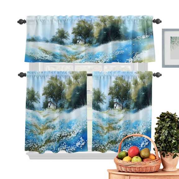 Flowerbed Cabin Kitchen Curtains Valances 3 Piece Set, Watercolor Spring Field Blue Floral Tree Rod Pocket Tier Curtain and Valance Drapes for Small Window 24 Inch Length for Bedroom Cafe