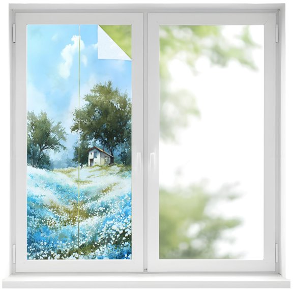 Flowerbed Cabin Window Privacy Film, Watercolor Spring Field Blue Floral Tree Frosted Glass Window Clings Static Cling UV Heat Blocking Reusable Door Sticker for Bathroom 19.6 x 39.3 Inch