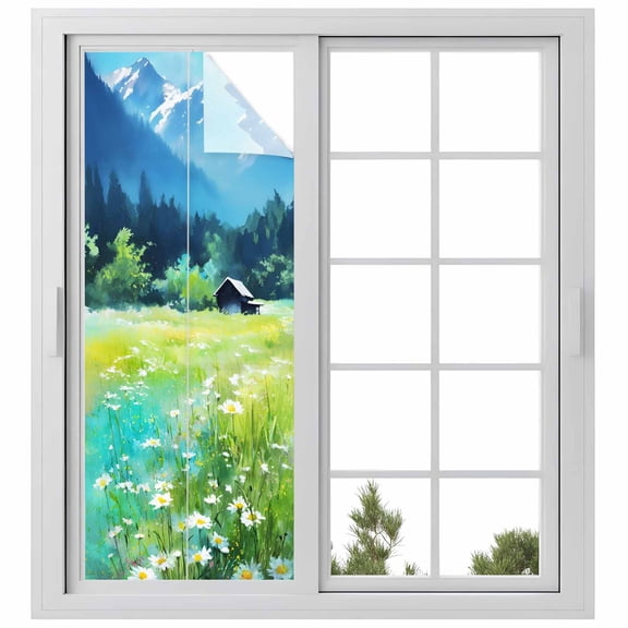 Flowerbed Cabin Window Privacy Film, Watercolor Spring Field Green Blue Floral Frosted Glass Window Clings Static Cling UV Heat Blocking Reusable Door Sticker for Bathroom 23.6 x 59 Inch
