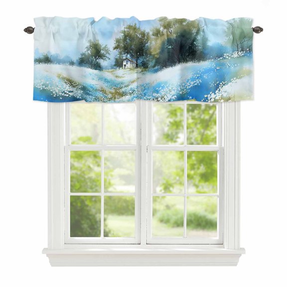 Flowerbed Cabin Window Valance for Kitchen, Watercolor Spring Field Blue Floral Tree Rod Pocket Short Curtain for Small Windows, Light Filtering Decorative Valance, 42 x 18 Inch