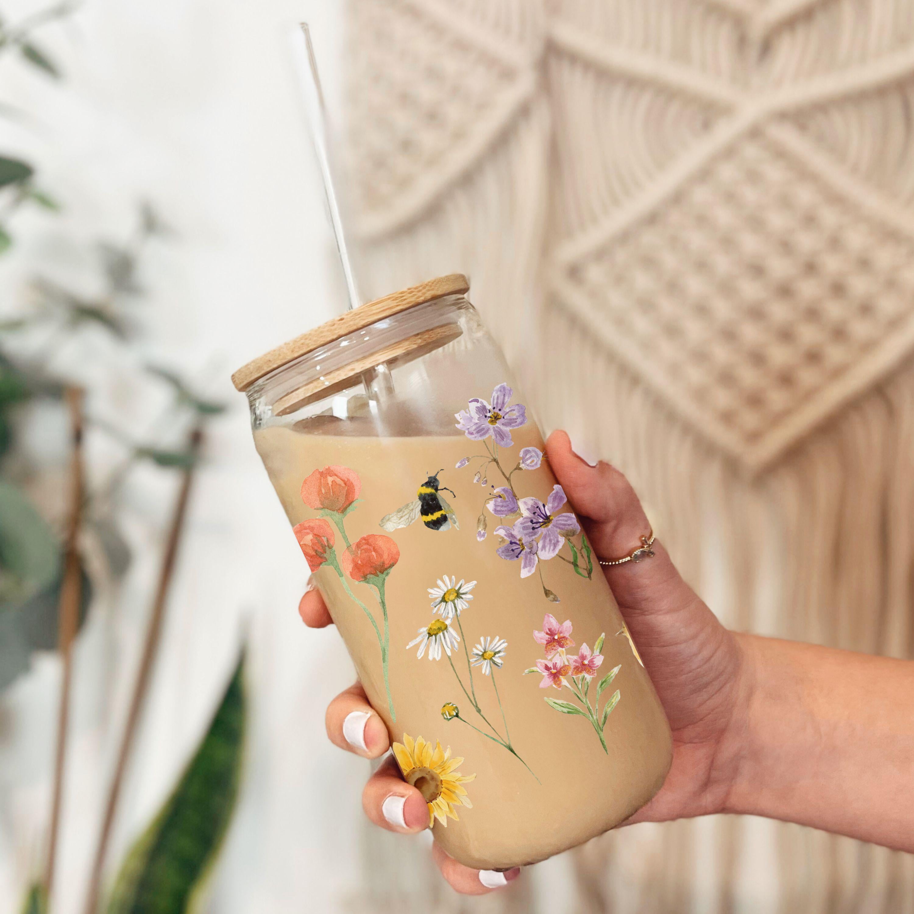 Flowered Coffee Cup, Floral Garden Iced Coffee Cup, Pressed Flowers Cup ...