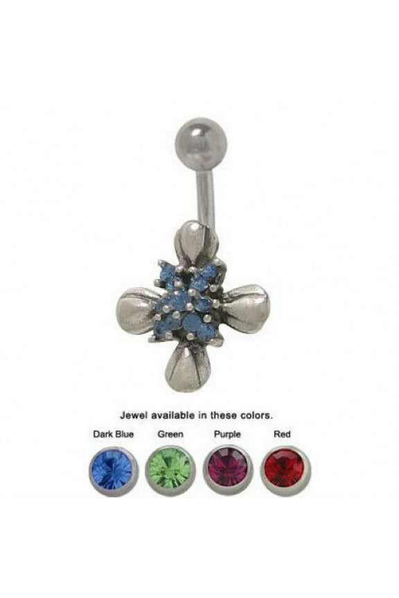 Flowered Cross Belly Ring with CZ Jewels