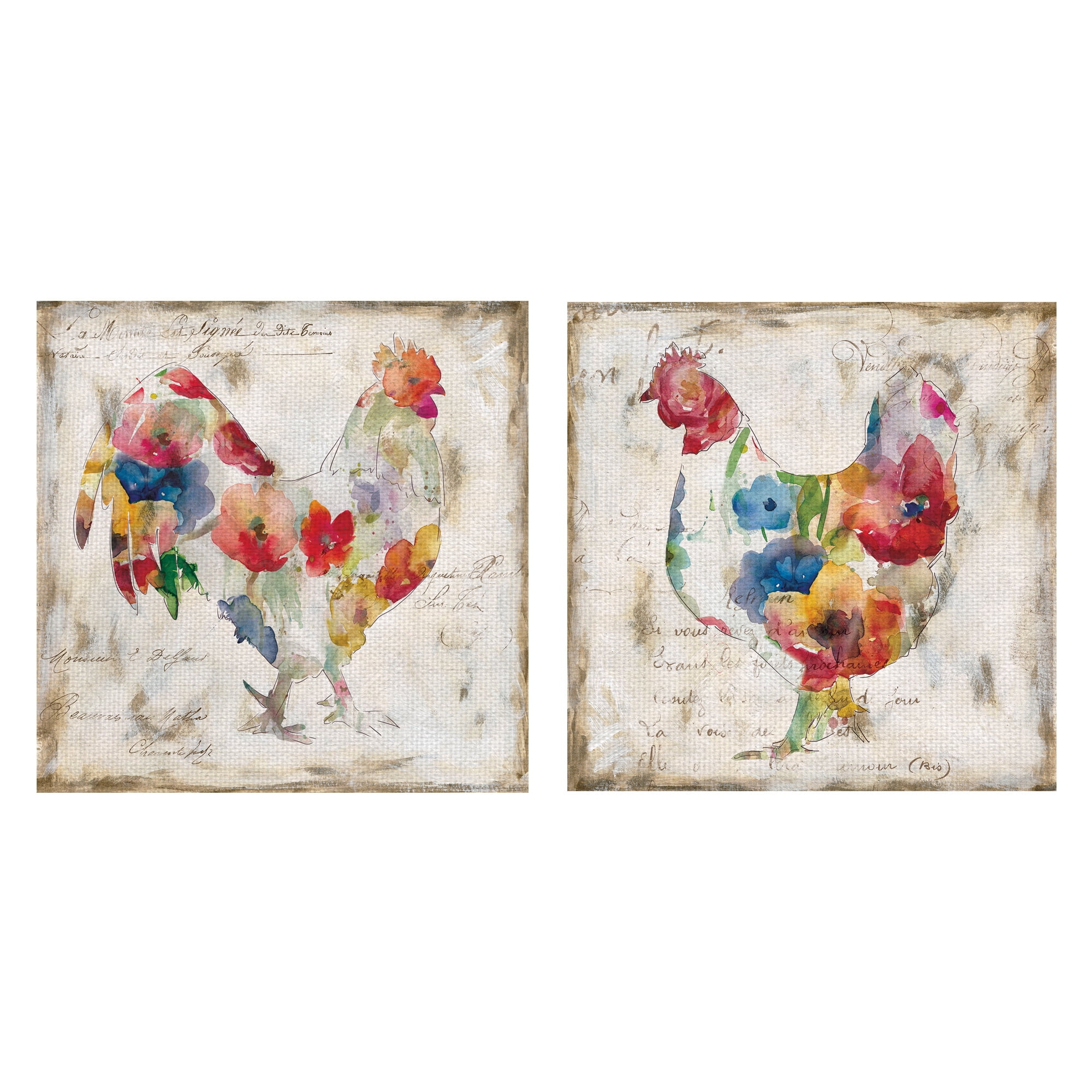 Flowered Hen & Rooster by Carol Robinson Canvas Art Painting Print Set of 2