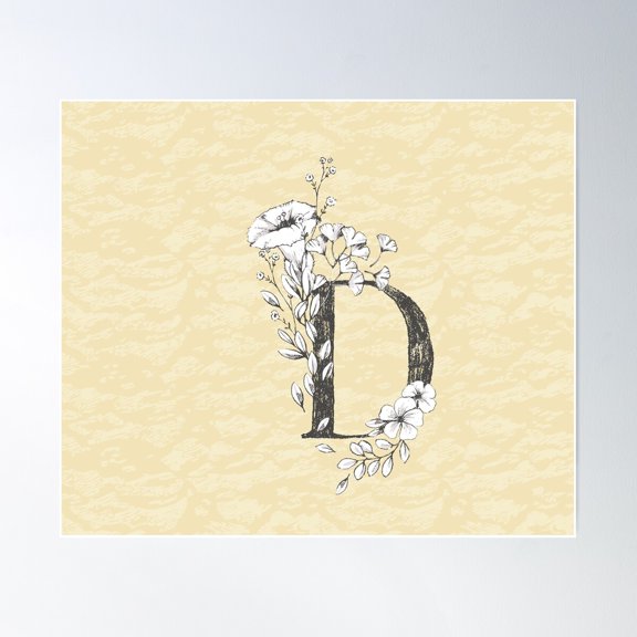Flowered Initials - Lemon - D Poster Wall Art, Modern Wall Decor For Living Room Bedroom, 12x18 UNFRAMED