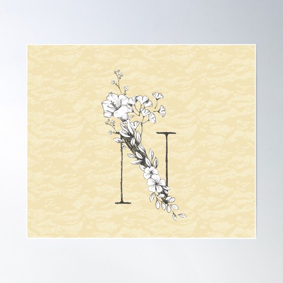 Flowered Initials - Lemon - N Poster Wall Art, Modern Wall Decor For Living Room Bedroom, 12x18 UNFRAMED
