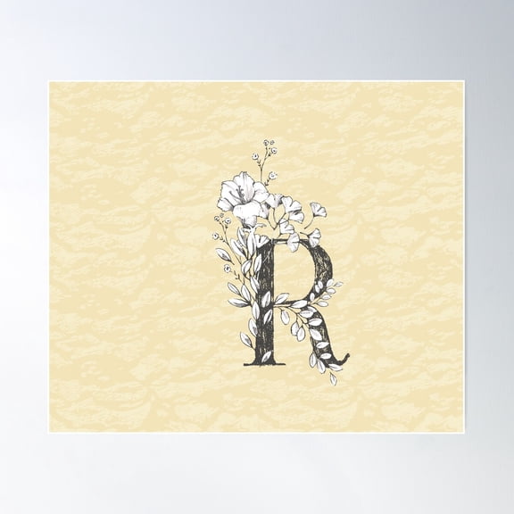 Flowered Initials - Lemon - R Poster Wall Art, Modern Wall Decor For Living Room Bedroom, 8x12 UNFRAMED
