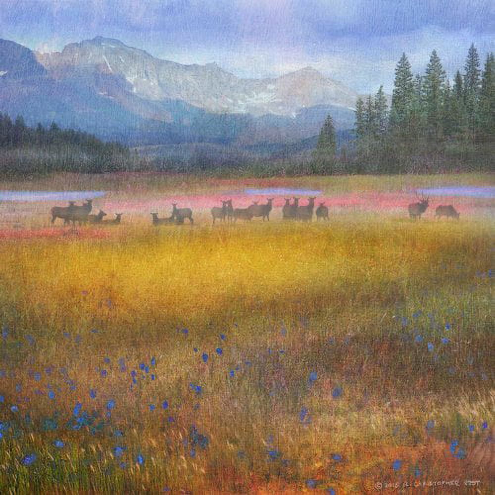 "Flowered Meadow Elk" Painting Print on Wrapped Canvas