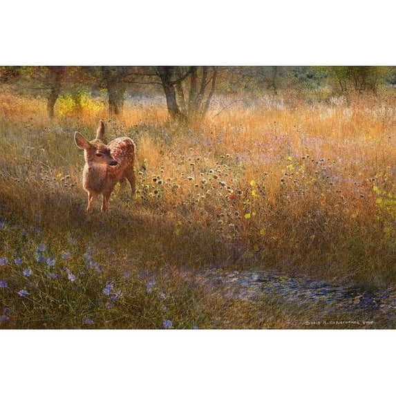 "Flowered Meadow Fawn" Painting Print on Wrapped Canvas