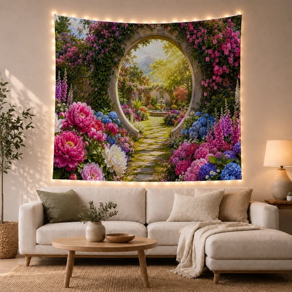 Flowered Moon Gate Over a Fountain Garden, Dreamy Illustration for Nature Lovers, Botanical Portal Decor, Anniversary Gift, Tapestry Wall Hanging for Bedroom and Living Room