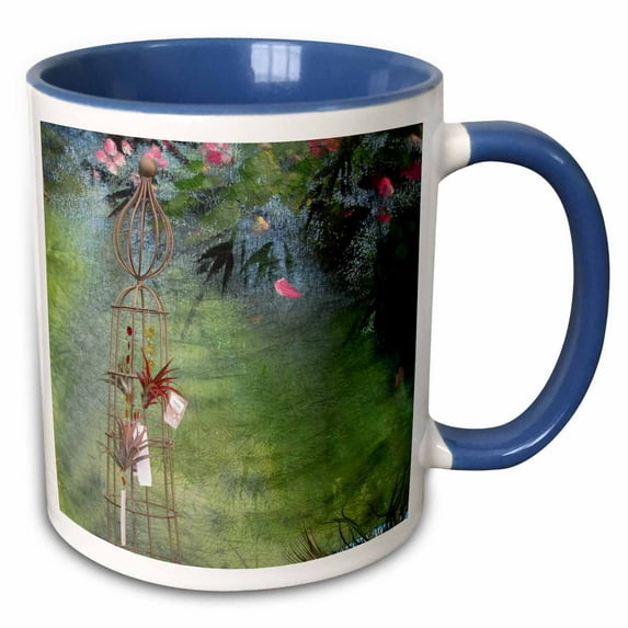 3drose, Flowered Mural, Green and Pink Flowers, 15oz Two-tone Blue Mug