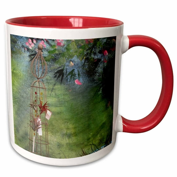 3drose, Flowered Mural, Green and Pink Flowers, 15oz Two-tone Red Mug