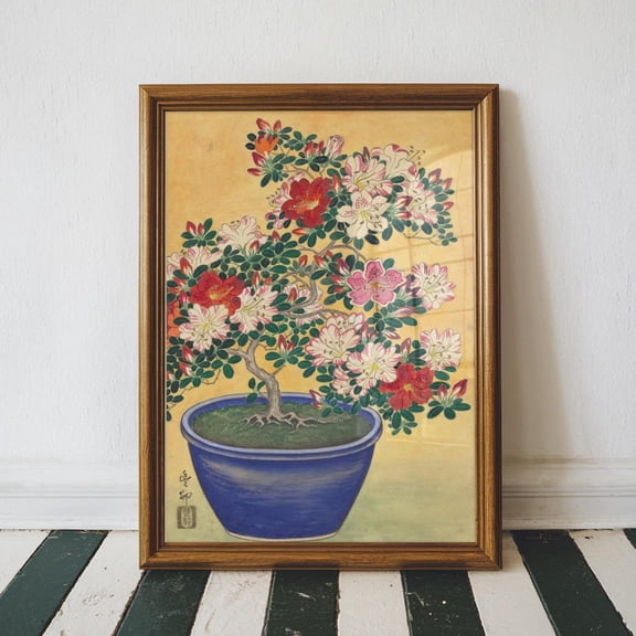 Flowering Azalea In Blue Pot, Vintage Japanese Art, Ohara Koson, Japanese Wall Art, House Decor, Whimsy Wall Art Posters, Japan Art, Stretched Canvas Size 16x24
