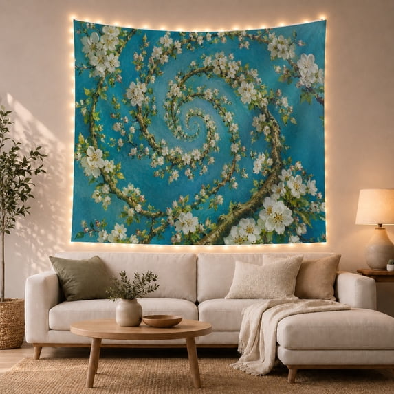 Flowering Branches in a Spiral, Calming Watercolor for Flower Lovers, Spring Botanical Decor, Housewarming Gift, Tapestry Wall Hanging for Bedroom and Living Room