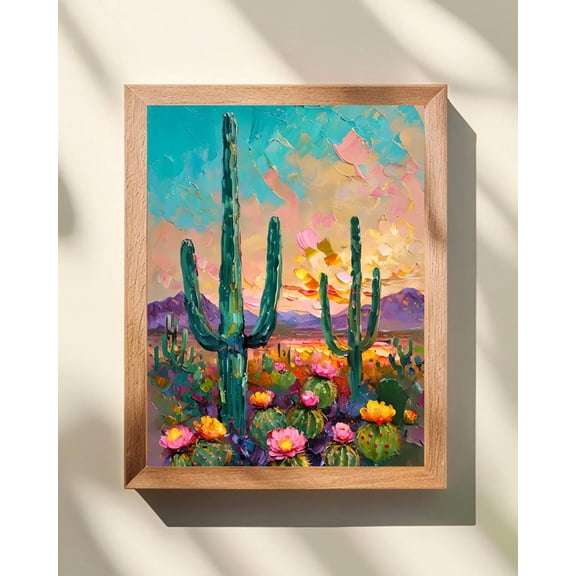 Flowering Cactus Saguaro Desert Scene Arizona Sunset Landscape Sonoran Poster Wall Art Print